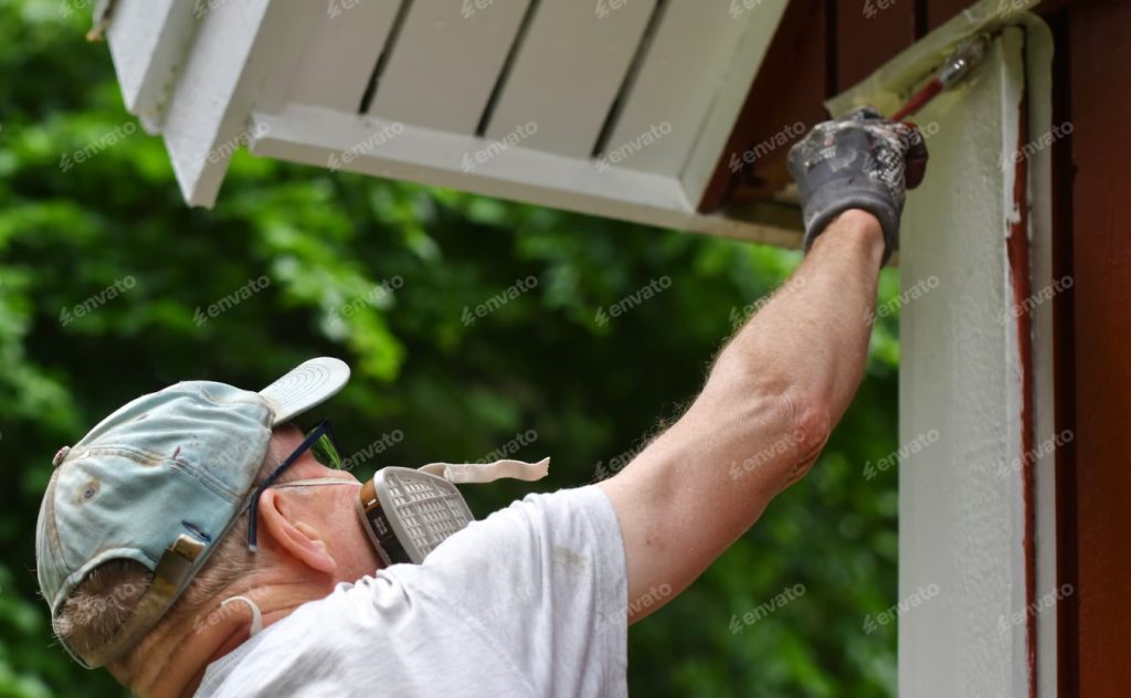 Professional from a painting company working on a home's exterior with a brush.